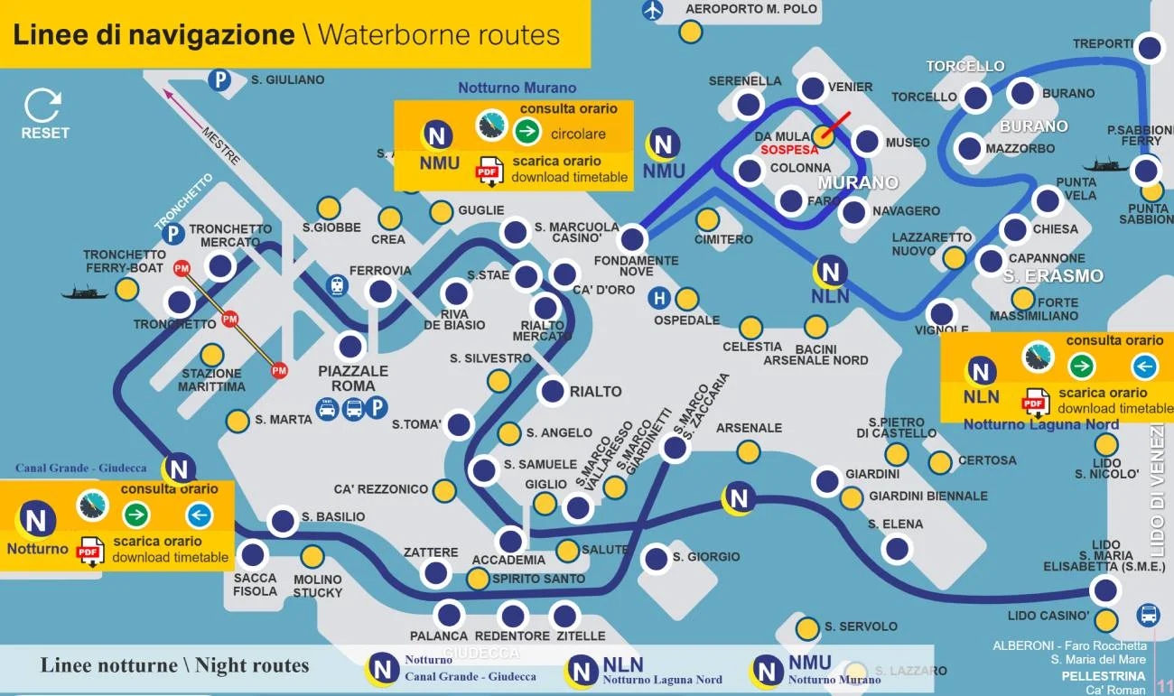 ACTV Route Map highlighting Line N Night Network across Venice