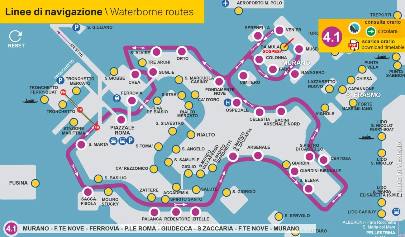 ACTV Route Map highlighting Line 4 Northern Lagoon Loops