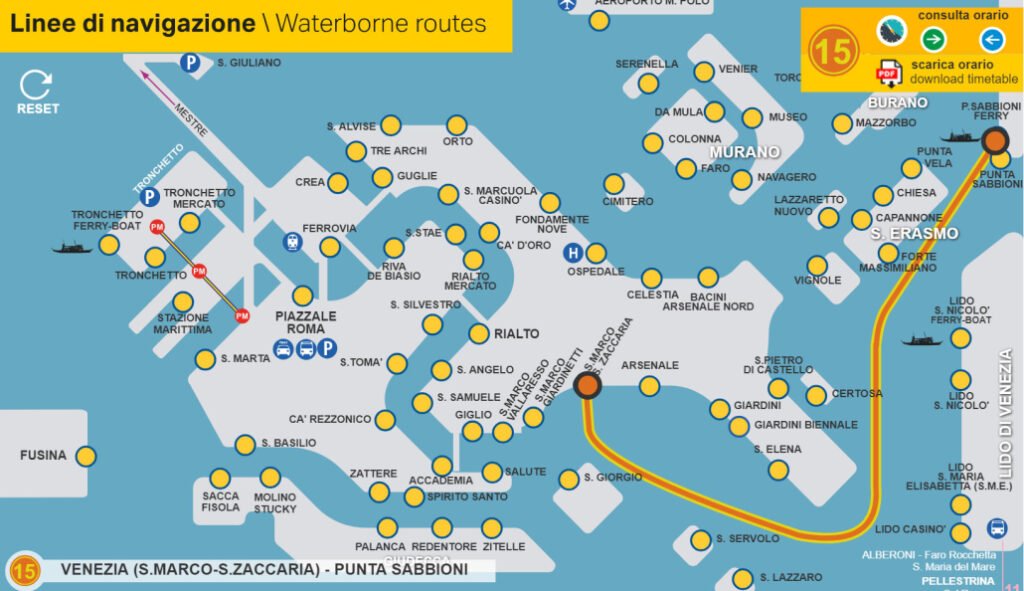 ACTV Route Map highlighting Line 15 Express